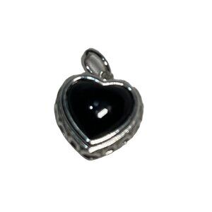 Black Onyx and Silver Heart Shaped Pendant with Filigree Back .5 inch